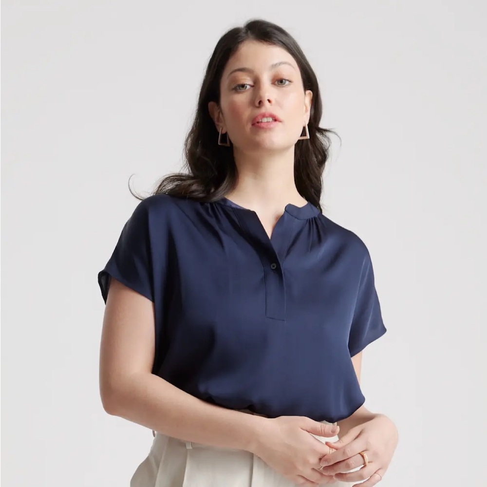 Quince Midnight Blue Silk Short Sleeve Blouse